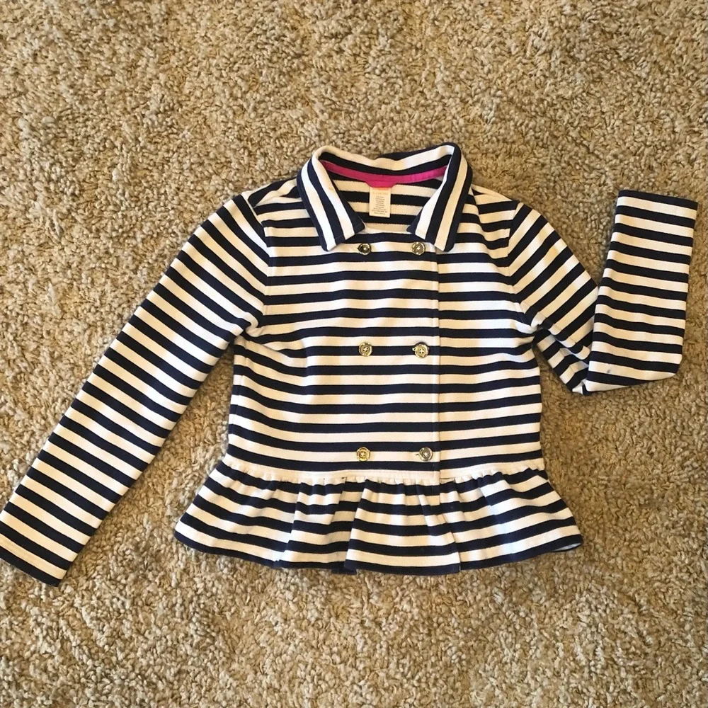 Gymboree Navy and White Striped Peplum Jacket with Pink Trim